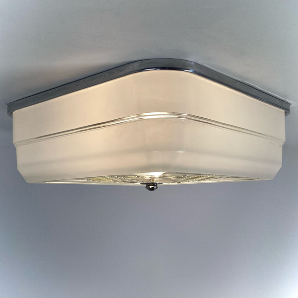 Mid-century square flush mount ceiling light with aluminum fixture base and frosted glass diffuser, vintage unlit view — Vintporium
