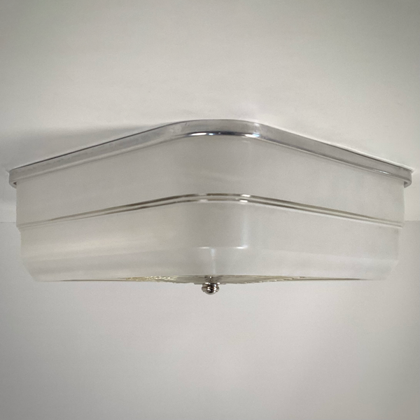 Vintage square ceiling light with aluminum fixture base and frosted glass sides, unlit close-up view — Vintporium