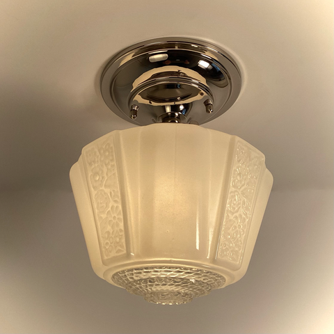 Vintage semi-flush ceiling light with frosted floral glass shade on polished nickel base – Vintporium