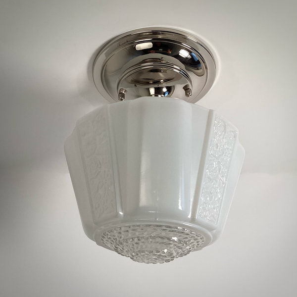 Art Deco semi-flush ceiling light fixture with white floral glass shade – Vintporium