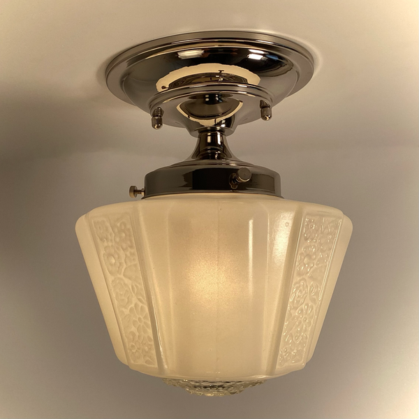 Vintage ceiling light with frosted glass shade and decorative nickel mount – Vintporium
