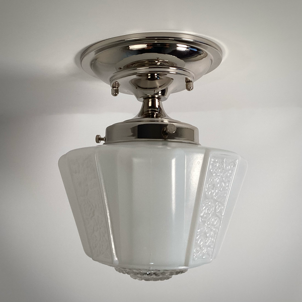 White floral patterned glass semi-flush ceiling light on polished nickel fixture – Vintporium
