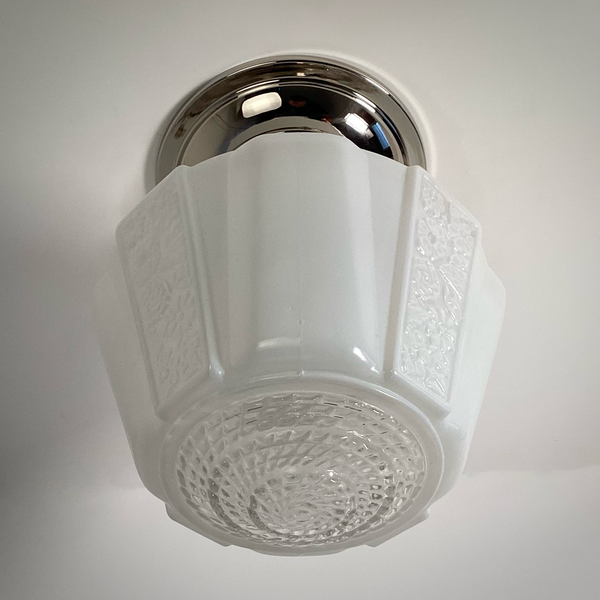 Underside view of vintage white floral glass semi-flush ceiling light – Vintporium