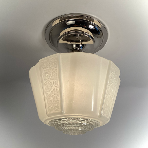 Frosted glass Art Deco ceiling light on polished nickel semi-flush fixture – Vintporium