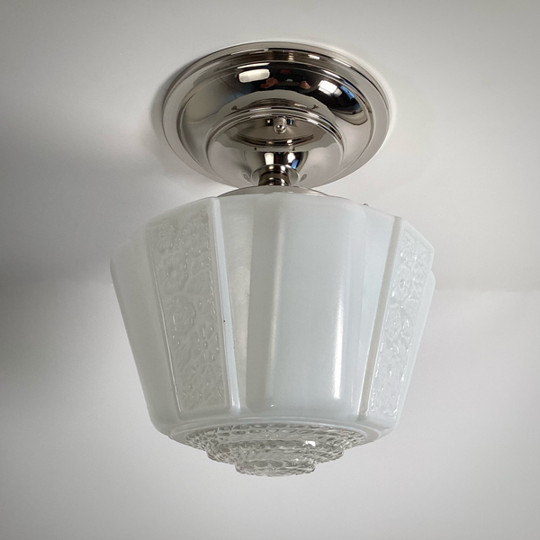 Vintage white floral patterned glass ceiling light fixture close-up – Vintporium