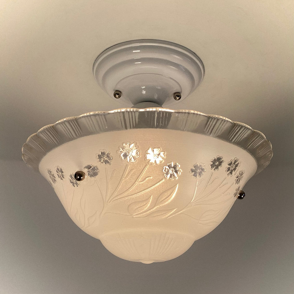 Semi-Flush Beaded Chain Ceiling Light Vintage Glass New Fixture. The light features a custom-made powder-coated fixture. The fixture has been cleaned and detailed. It includes mounting hardware for convenient installation. Available at www.vintporium.com
