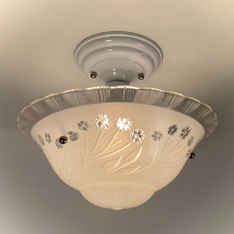Semi-Flush Beaded Chain Ceiling Light Vintage Glass New Fixture. The light features a custom-made powder-coated fixture. The fixture has been cleaned and detailed. It includes mounting hardware for convenient installation. Available at www.vintporium.com