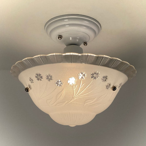 Semi-Flush Beaded Chain Ceiling Light Vintage Glass New Fixture. The light features a custom-made powder-coated fixture. The fixture has been cleaned and detailed. It includes mounting hardware for convenient installation. Available at www.vintporium.com