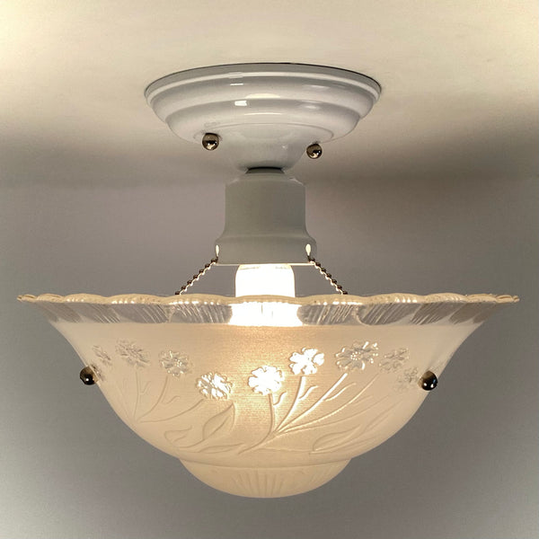 Semi-Flush Beaded Chain Ceiling Light Vintage Glass New Fixture. The light features a custom-made powder-coated fixture. The fixture has been cleaned and detailed. It includes mounting hardware for convenient installation. Available at www.vintporium.com
