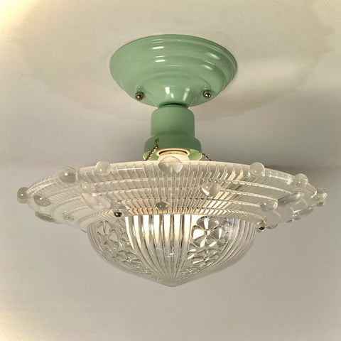 Semi-Flush Beaded Chain Ceiling Light Antique Shade New Fixture. The fixture features a custom-made powder-coated base. The light fixture has been cleaned and detailed. It includes mounting hardware for convenient installation. Available at www.vintporium.com