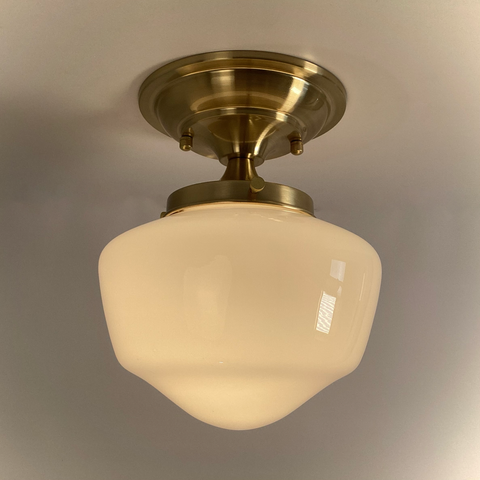 Vintage schoolhouse ceiling light with salvaged opal glass shade and new satin brass semi-flush mount fixture – Vintporium