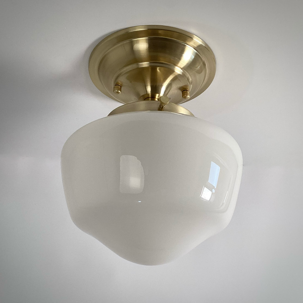 Vintage schoolhouse semi-flush ceiling light with salvaged opal glass shade and new satin brass fixture – Vintporium.