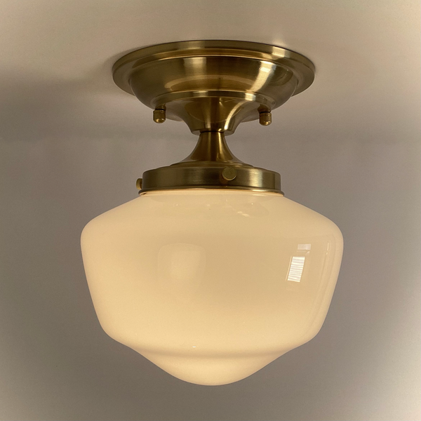 Vintage schoolhouse semi-flush ceiling light with opal glass shade and satin brass fixture – Vintporium.
