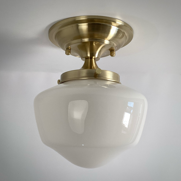 Vintage schoolhouse semi-flush ceiling light with opal glass shade and satin brass fixture – Vintporium.