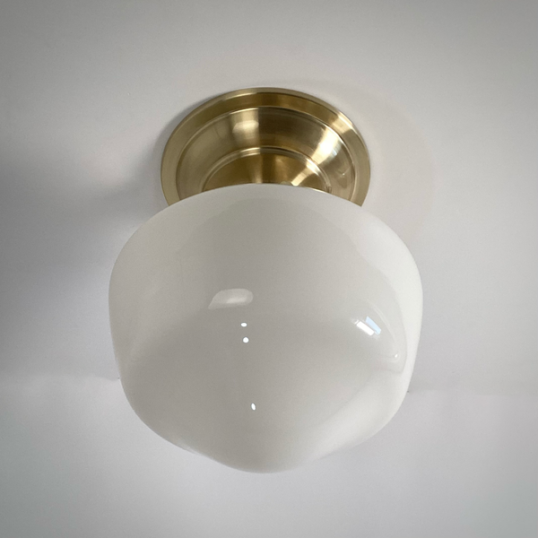 Vintage schoolhouse semi-flush ceiling light with opal glass shade and satin brass fixture – Vintporium.