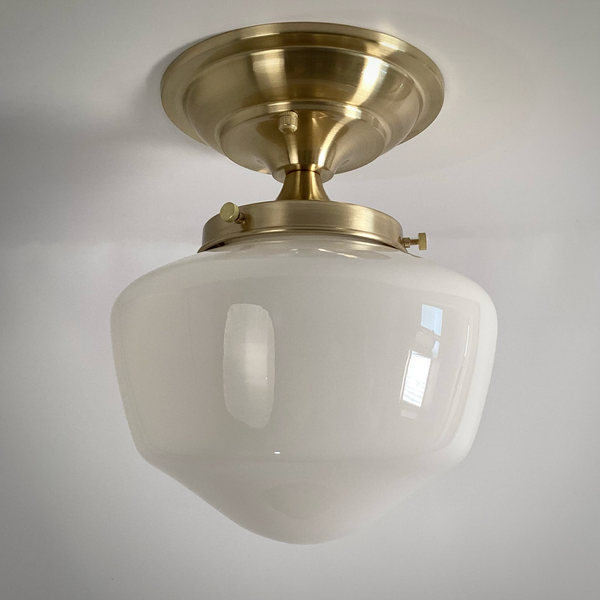 Vintage schoolhouse semi-flush ceiling light with opal glass shade and satin brass fixture – Vintporium.