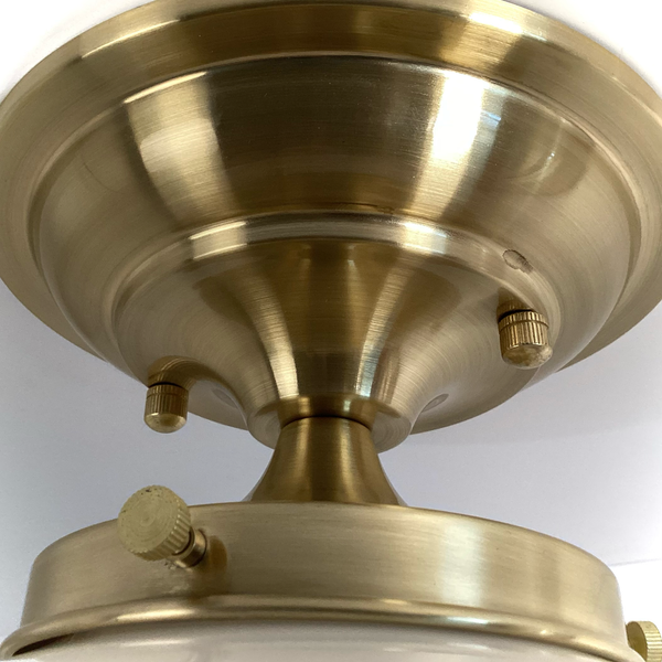 Vintage schoolhouse semi-flush ceiling light with opal glass shade and satin brass fixture – Vintporium.