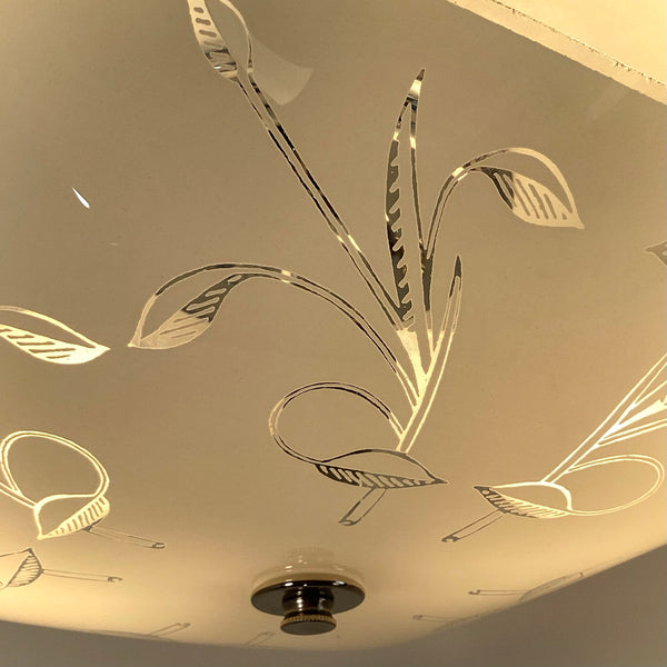 Post-War Era Ceiling Light. Vintage Shade. Custom Fixture. The fixture features a custom-built assembly in a nickel finish. The light has been cleaned and detailed, and the installation includes hardware for convenience. Available at www.vintporium.com