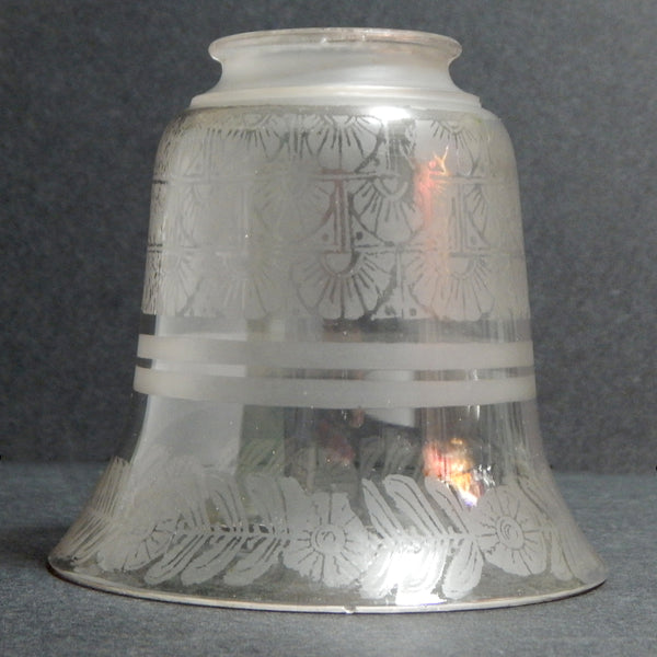 2 1/4 (2.25) Inch Vintage Etched Bell Shaped Glass Light Fixture Shade. This etched glass shade features delicate Deco-era floral and fan patterns, softly frosted bands, and a graceful bell shape that flares at the base. Available at www.vintporium.com