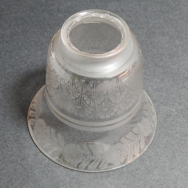 2 1/4 (2.25) Inch Vintage Etched Bell Shaped Glass Light Fixture Shade. This etched glass shade features delicate Deco-era floral and fan patterns, softly frosted bands, and a graceful bell shape that flares at the base. Available at www.vintporium.com