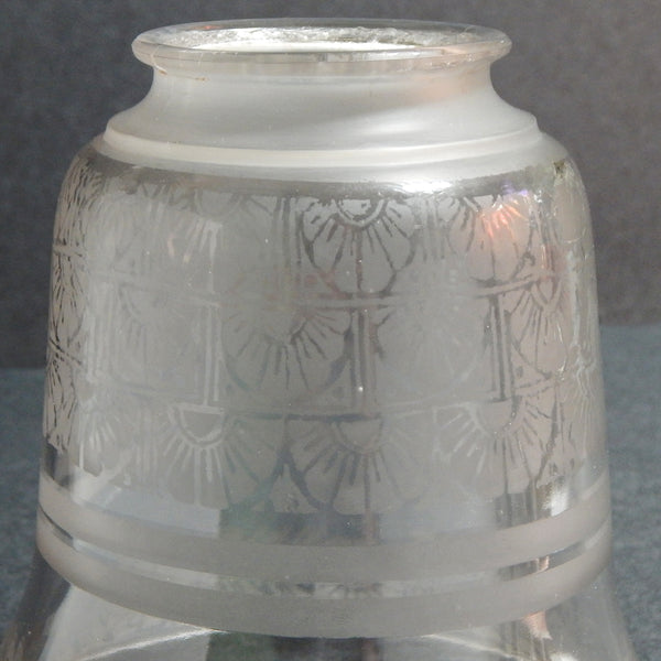 2 1/4 (2.25) Inch Vintage Etched Bell Shaped Glass Light Fixture Shade. This etched glass shade features delicate Deco-era floral and fan patterns, softly frosted bands, and a graceful bell shape that flares at the base. Available at www.vintporium.com