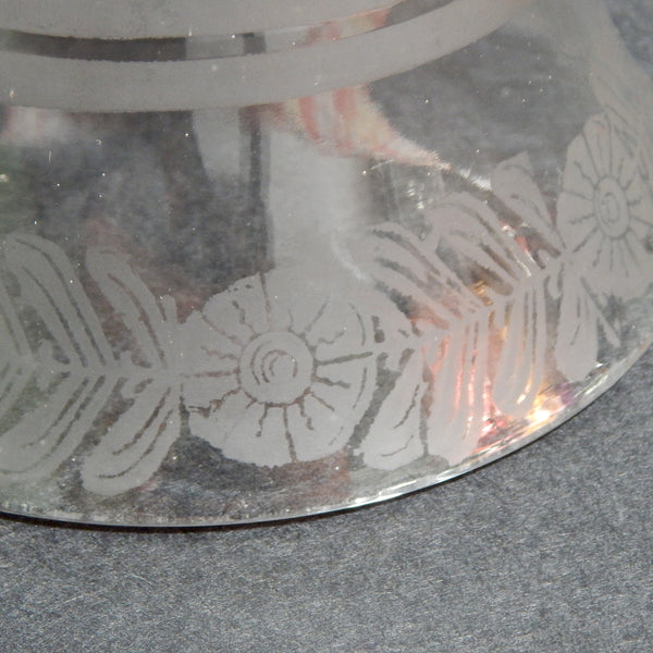 2 1/4 (2.25) Inch Vintage Etched Bell Shaped Glass Light Fixture Shade. This etched glass shade features delicate Deco-era floral and fan patterns, softly frosted bands, and a graceful bell shape that flares at the base. Available at www.vintporium.com