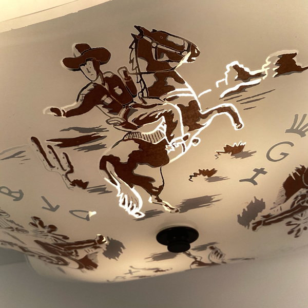 Vintage Western Glass Shade Ceiling Light New Custom Fixture Base. 1950s cowboy Ceiling Light. Available at www.vintporium.com