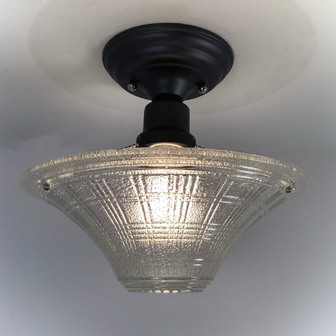 vintage pressed glass ceiling light with authentic shade and new charcoal fixture
