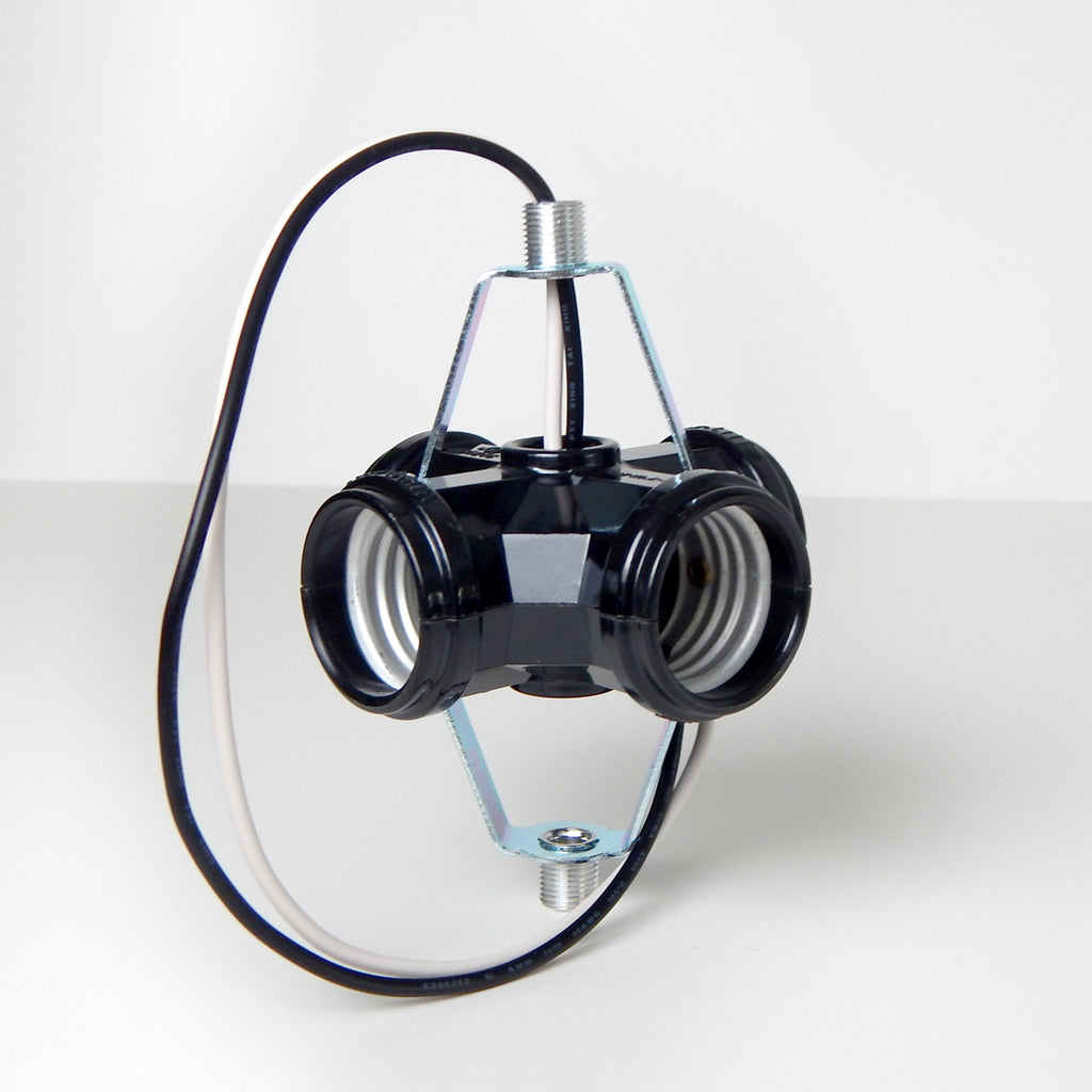 New 4-light phenolic standard medium base cluster socket commonly used in mid-century center post ceiling lights with 11-inch leads and 1/8M x 1/8M threaded ends. Available at www.vintporium.com