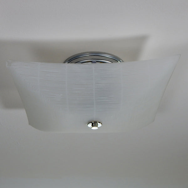 Semi-flush ceiling light featuring a vintage glass shade and a custom fixture. The shade has been cleaned and detailed. The new fixture has a nickel finish and a 2 bulb cluster socket and is ready to install. Available at www.vintporium.com